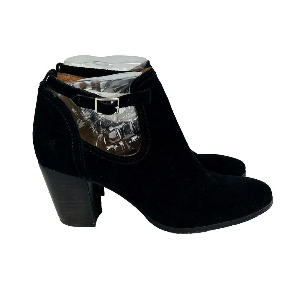 Frye Meghan Ankle Boots Black Suede Booties Cutout Strap w/ Buckle Heeled sz 9